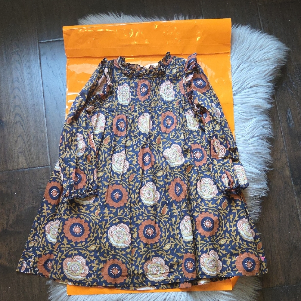 Pink Chicken Girls Jaipur Pintuck  Long Sleeve Dress In Navy Harvest Floral
